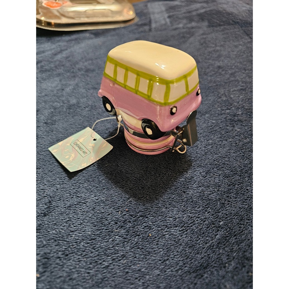 Contained Art "Hippie Bus" stash jar purple white ceramic Volkswagen van jar